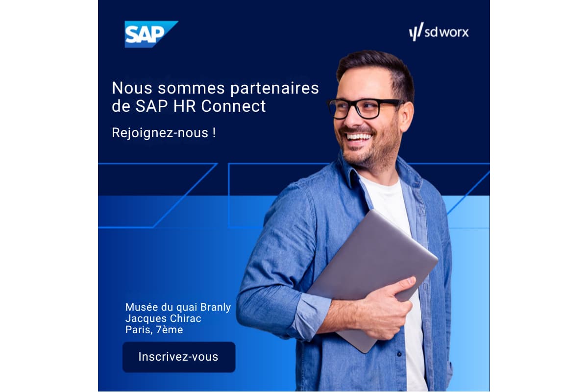 Visuel d’événement SAP HR Connect avec logos SAP et SD Worx, texte indiquant le partenariat et invitation à rejoindre l’événement à Paris au Musée du quai Branly, avec bouton “Inscrivez-vous” et personne tenant un ordinateur portable.